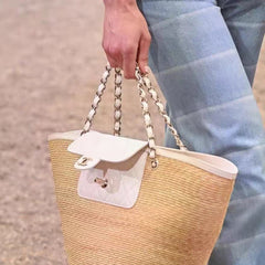 Chanel 26C Straw Basket Bag Lafite Grass White Leather Spliced Tote Bag # 371396