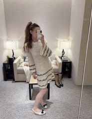 Chanel Women's Fall And Winter Embroidery Slightly Transparent Knitted Dress Butterfly Elegant Long-sleeved Mid-length Dresses Thin Temperament Ngvp #2626