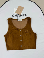 MiuMiu 2026 New Women's Brown Suede Crop Top With Metallic Buttons Retro And Fashionable High Waisted A Line Silhouette Vest Lady #197338