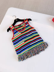 Chanel Women's Spring/summer 2026 New Arrival Casual Holiday-style Colour-block Striped Knitted Tank Top With Fringed Hem In Rainbow Colours Lady Vest #84326A