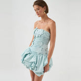 AJE Women's Spring And Summer Fashion Temperament Three-Dimensional Printing Bust Short Dress Design Sense Pleated Flowers Splicing Strapless Tutu Skinny Light Dresses Skirt Ngvp #1569