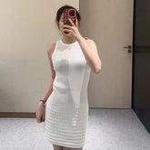 Chanel Women's Summer Solid Color Round Neck Sleeveless Knit Dresses #75643