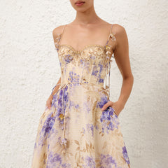 Zimmermann Dawning Picnic Dress Women's Spring And Summer Silk Linen Mid-length Dress Heart-shaped Neckline Spaghetti Straps Large Hem Dress Fashionable Temperament Elegant Luxury Dresses #81131
