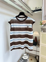 Celine Women's Spring/summer Brown And Blue Striped Sleeveless Knitted Top Stylish Casual And Elegant Cropped Top Vest Lady #197272