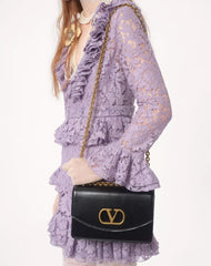 Valentino Women's Spring And Autumn Heavy Lace V-Neck Solid Color Fit Short Long Sleeve Dresses Ngvp #9732