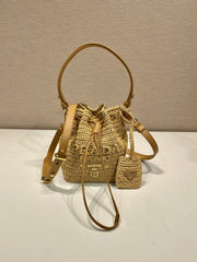 Prada Women's Logo Embroidered Adjustable Detachable Shoulder Strap Lafite Grass Patchwork Leather Bucket Bag Mini Handheld One Shoulder Crossbody Bag Bags #196301