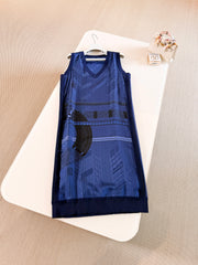 Hermes Women's Spring/summer 2026 Sleeveless V-neck Silk Geometric Print Dress Textured Knit Fabric Dark Blue V-neck Sleeveless Tank Dresses Lady #195707