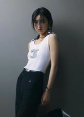 Chanel Women's Summer Fashion Casual Crew Neck Pullover Top with Adjustable Straps in Pure Cotton Fabric Vest #78844