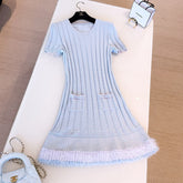 Chanel Women's High-Street Fringe Hem Multi-Color Spring/Summer Stretch Crew Neck Knit Dress Dresses Ngvp #2337