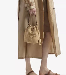 Prada Women's Logo Embroidered Adjustable Detachable Shoulder Strap Lafite Grass Patchwork Leather Bucket Bag Mini Handheld One Shoulder Crossbody Bag Bags #196301