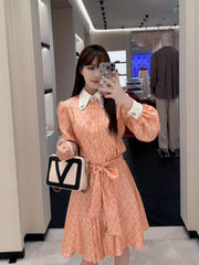 Valentino Women's Summer Checkered Lapel Tie Colorblocking Pleated Short Solid Color Silk Long Sleeve Dresses Ngvp #1255