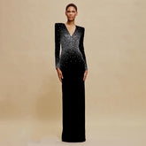 Alex Perry Women's Spring And Autumn Sexy V-neck Fashion Hot Drilling Velvet Long Sleeve Solid Color Dresses Ngvp #1138