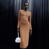 Self-portrait Women's Four Seasons Vintage Round Neck Solid Color Knit Long Sleeve Fitted Dresses Ngvp #9819