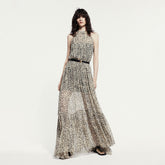 Saint Laurent Women's Summer Round Neck Pullover Silk Fit Sleeveless Leopard Print Long Dresses #71631