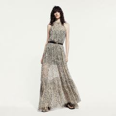 Saint Laurent Women's Summer Round Neck Pullover Silk Fit Sleeveless Leopard Print Long Dresses #71631