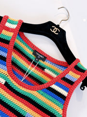 Chanel Women's Spring/summer 2026 New Arrival Casual Holiday-style Colour-block Striped Knitted Tank Top With Fringed Hem In Rainbow Colours Lady Vest #84326A