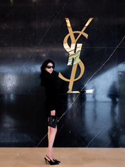 SAINT LAURENT Women's Spring. Autumn And Winter Double-Breasted Belt Solid Color Wool Short Black Dress Long-Sleeved Straight Coat Ngvp #9399
