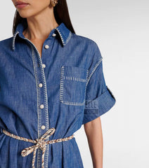 Zimmermann Women's Spring Summer Solid Colour Tassel Belt Denim Single Breasted Short Sleeve Dresses #76731