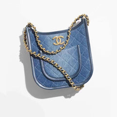 Chanel Denim Hobo Bags Stylish Metal Chain Accents Patchwork Denim Logo Crossbody Elegant And Fashionable Vacation Bag #195813