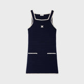 Celine Women's Summer Fashion Casual Solid Color Square Neckline Patch Pocket Sleeveless Logo Handmade Crochet Mini Dress #79292