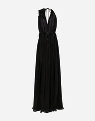 Dolce&Gabbana Women's Floral Detail Pleated Dress 3D Floral Backless Halter Neck Black Longline Sheer Tulle Dress Spring/Summer #192730
