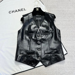 Chanel Women's Spring/Fall Fashion Classic Solid Color V-Neck Single Button Leather Top Vest #78488