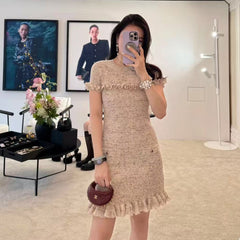 Chanel M¨¦tiers D'art Collection Women's Spring And Summer Ruffle Nude Gray Knit Dress Fashion Temperament Elegant Dresses Skirt Ngvp #2223