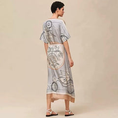 Hermes Ex-Libris A Mai Levee Caftan Women's Long Printed Silk Twill Dress With Side Slit New Arrival For Early Spring 2026 Lady #84189A