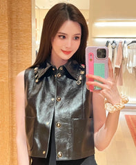 Chanel Women's Spring And Autumn Fashion Lapel Multi-Pocket Leather Sleeveless Vest Jacket #71743