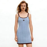 Chanel Women's Spring/Summer Color-Block Jacquard Knit Spaghetti Strap Dress Fashionable Vacation Casual Mini Dress Lady #82732A