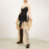 Zimmermann Hypnotic Satin Drape Dress Women's Spring/Summer Black and Pink Lace Long-Sleeve V-Neck Dress with Flowing Ribbon #82417A