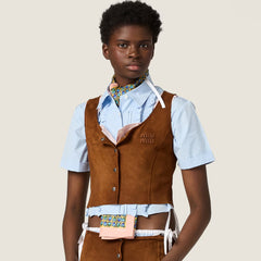 MiuMiu 2026 New Women's Brown Suede Crop Top With Metallic Buttons Retro And Fashionable High Waisted A Line Silhouette Vest Lady #197338
