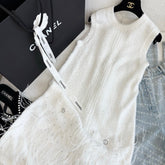 Chanel Women's Spring/Summer Solid Color Feather Stamping Rhinestone Round Neck Sleeveless Knit Dresses Ngvp #1545