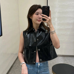 Chanel Women's Spring And Autumn Fashion Lapel Multi-Pocket Leather Sleeveless Vest Jacket #71743