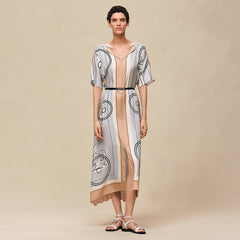 Hermes Ex-Libris A Mai Levee Caftan Women's Long Printed Silk Twill Dress With Side Slit New Arrival For Early Spring 2026 Lady #84189A
