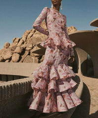 Zimmermann Women's Spring/summer Elegant Floral Print Dress With Multi-layer Ruffled Puff Skirt. Form-fitting Fashionable Dresses Ngvp #2181