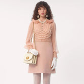 Valentino Women's Spring And Summer Embroidered Crepe Couture Round Neck Solid Color Lace A-Line Short Long-Sleeved Silk Dresses Ngvp #9815