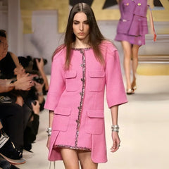 Chanel Women's Fall/Winter Pink Tweed Dress Single-Breasted Button-Down Fashionable Round Neckline Retro Barbie-Style Dress #82434A