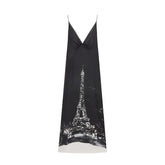 Dior Women's Summer Paris Eiffel Tower Pattern Printed V-Neck Strapless Dress #77462