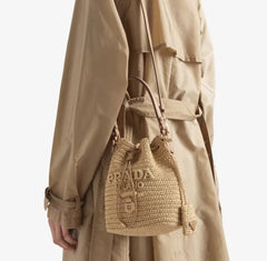 Prada Women's Logo Embroidered Adjustable Detachable Shoulder Strap Lafite Grass Patchwork Leather Bucket Bag Mini Handheld One Shoulder Crossbody Bag Bags #196301