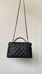 CHANEL 25P Women's Black Heart-Shaped Rhinestone Buckle with Brand Logo. Litchi Leather Shoulder/Crossbody Bag #81935L