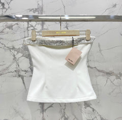 MiuMiu Women's Spring/summer Structured Embroidered Beaded Strapless Black And White Fitted Fashionable Elegant And Sexy Top/camisole Lady Vest #196563