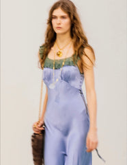Chloe Women's 26s Grey-blue Satin Lace Dress New Spring/summer Collection Sweet And Elegant Straight-cut Maxi Dress Lady #197367