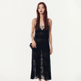 Chanel Women's Summer High Street Solid Color Lace Bow Jacquard Embroidery Sexy V-Neck Semi-Sheer Long Fitted Halter Dresses Ngvp #8744