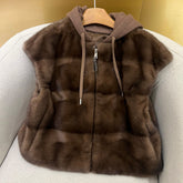 Brunello Cucinelli Women's Fall/Winter Wool Cashmere Knit Solid Color Zipper Drawstring Full-Length Mink Hooded Vest Ngvp #2518