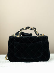 Chanel Mini Flap Bag With Top Handle Velvet Silk Gold-tone Metal Black #193594