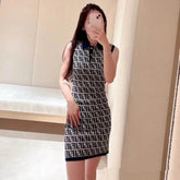 Fendi Women's Summer Blue Letter Printed Cotton Sleeveless Dresses #73433