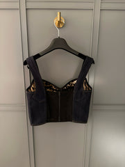 Dolce&Gabbana Women's Solid Colour Vest Washed Denim Bra Style Suspender Jacket Lined Leopard Printed #76862