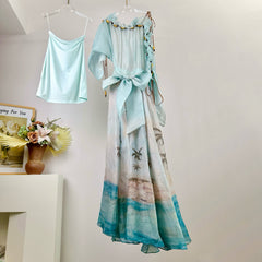Zimmermann Women's Summer Solid Color Seascape Pattern Printed Silk Linen Ruffle Long Dress #77343