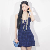 Chanel Women's Spring and Summer Plaid High Waist Short Cotton Halter Dresses #73325
